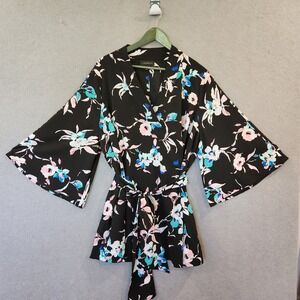 Lane Bryant Floral Kimono Top Blouse 22/24‎ V-Neck Belted Flare Sleeve Feminine
